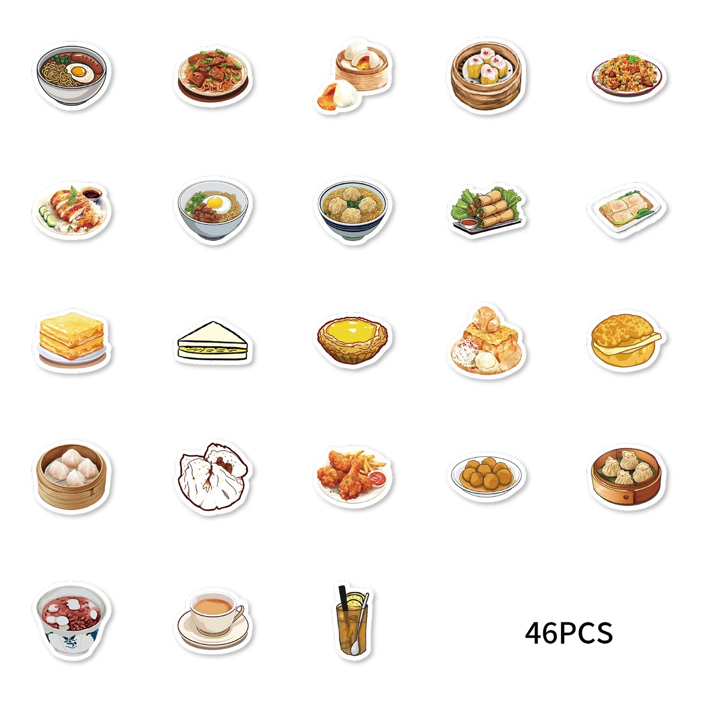 46pcs Barbecued Pork Bun, Chicken Ieg, Egg Tart Food Theme Stickers Decorated Notebook Water Bottle Diary Classic Toy Decal